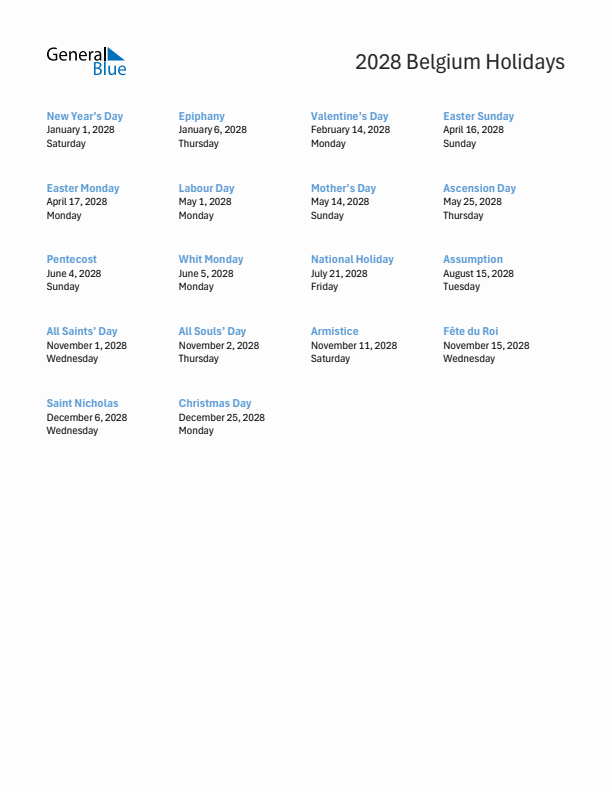 Free printable list of Belgium holidays for year 2028