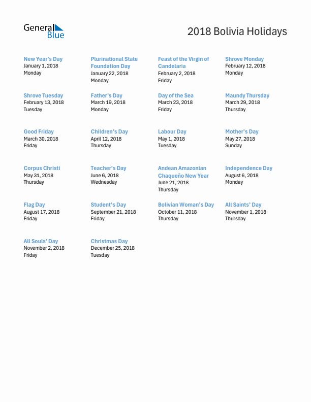 Free printable list of Bolivia holidays for year 2018