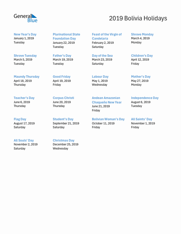 Free printable list of Bolivia holidays for year 2019