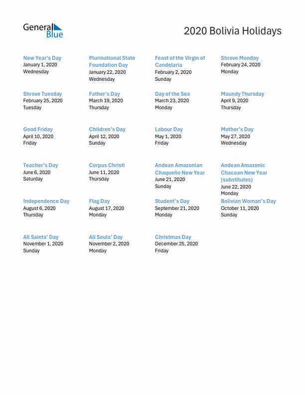 Free printable list of Bolivia holidays for year 2020