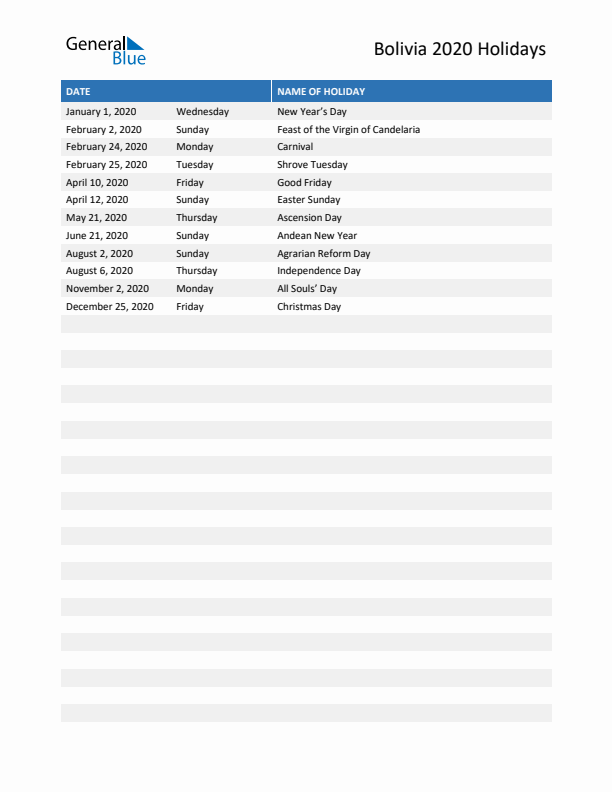 Free printable list of Bolivia holidays for year 2020