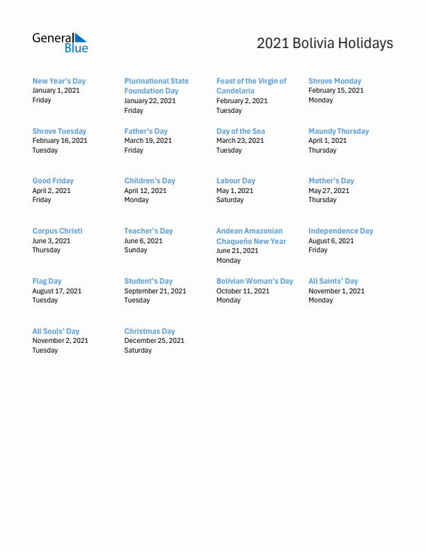 Free printable list of Bolivia holidays for year 2021