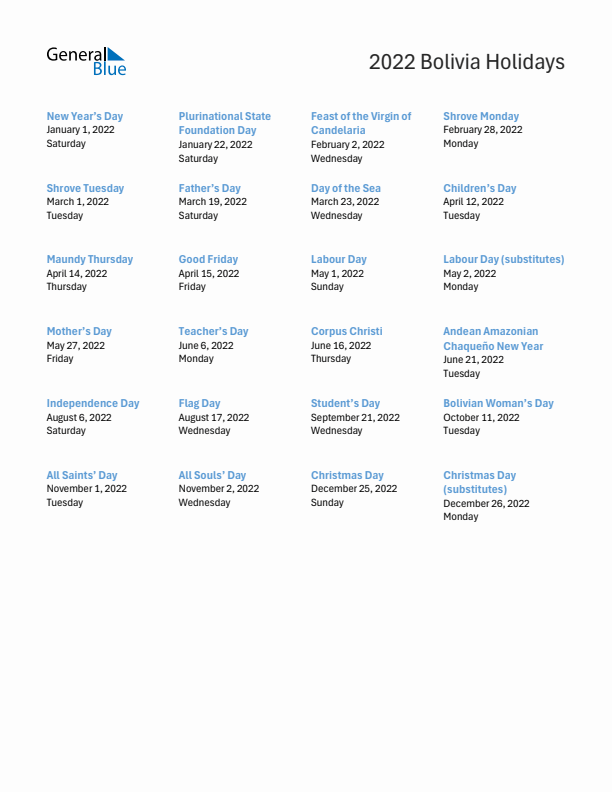 Free printable list of Bolivia holidays for year 2022