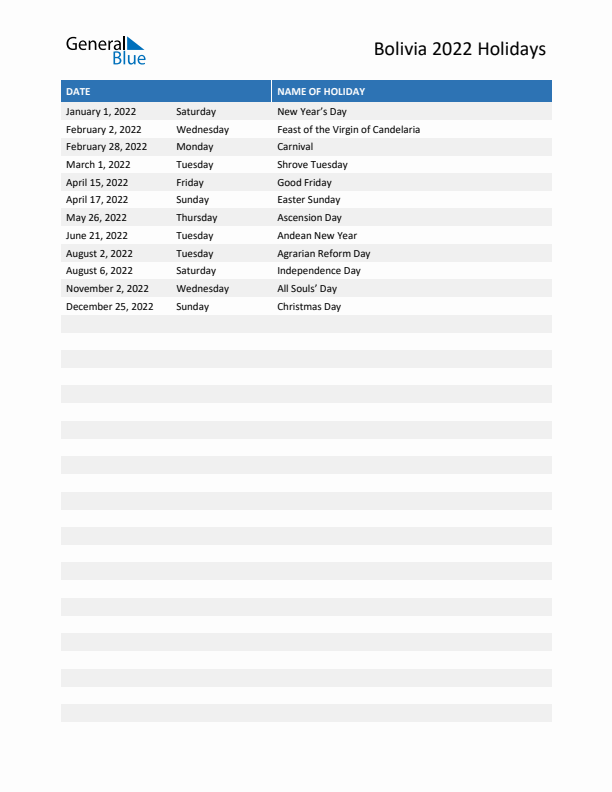 Free printable list of Bolivia holidays for year 2022