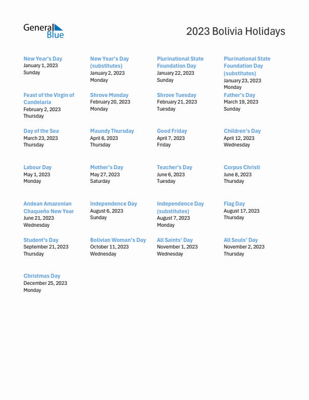 Free printable list of Bolivia holidays for year 2023