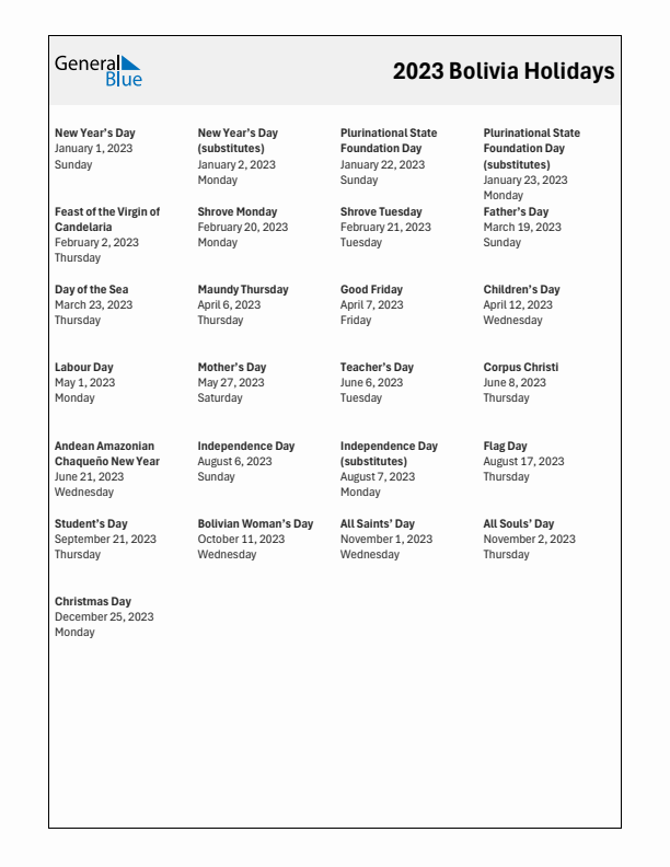 Free printable list of Bolivia holidays for year 2023