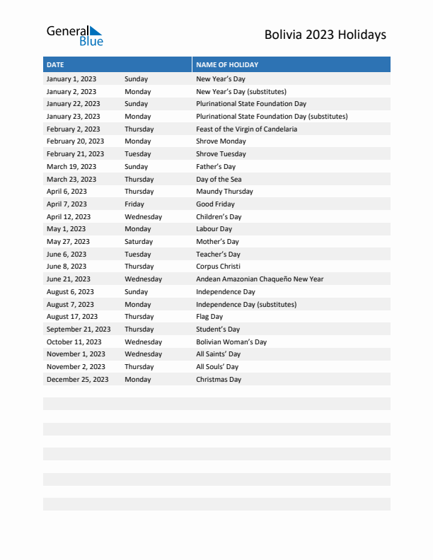 Free printable list of Bolivia holidays for year 2023