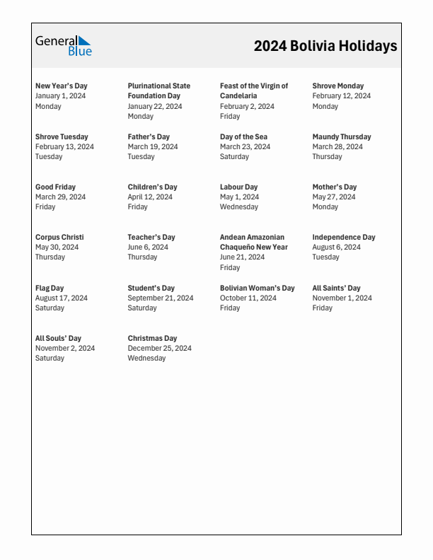 Free printable list of Bolivia holidays for year 2024