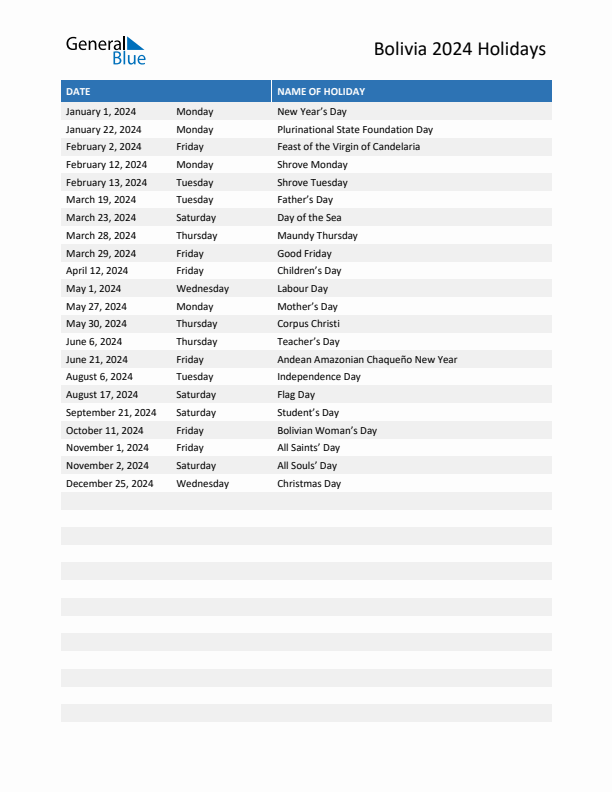 Free printable list of Bolivia holidays for year 2024