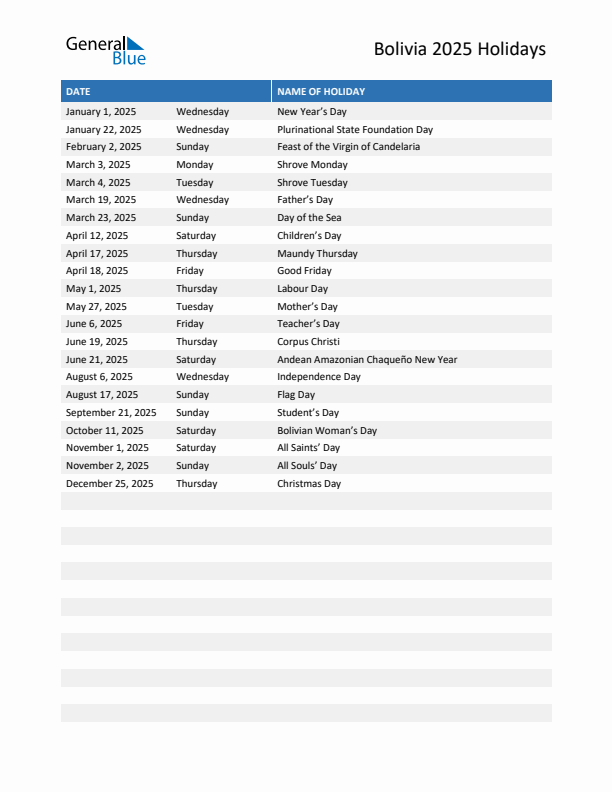 Free printable list of Bolivia holidays for year 2025