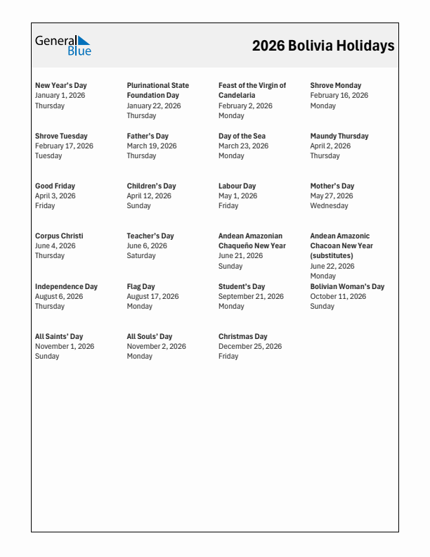 Free printable list of Bolivia holidays for year 2026