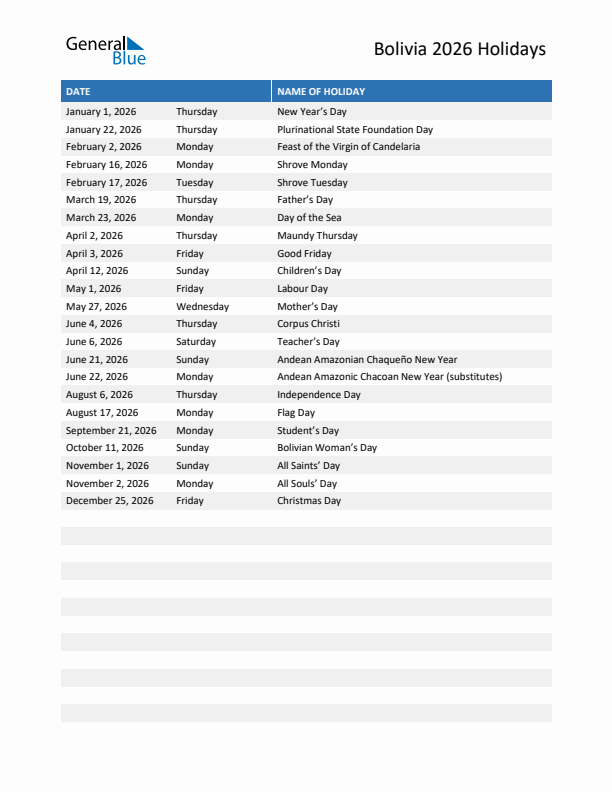 Free printable list of Bolivia holidays for year 2026