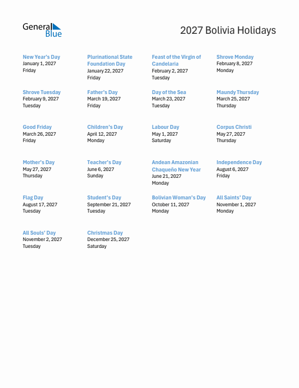 Free printable list of Bolivia holidays for year 2027