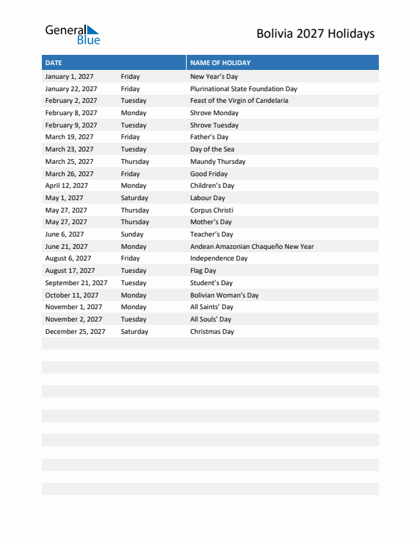 Free printable list of Bolivia holidays for year 2027