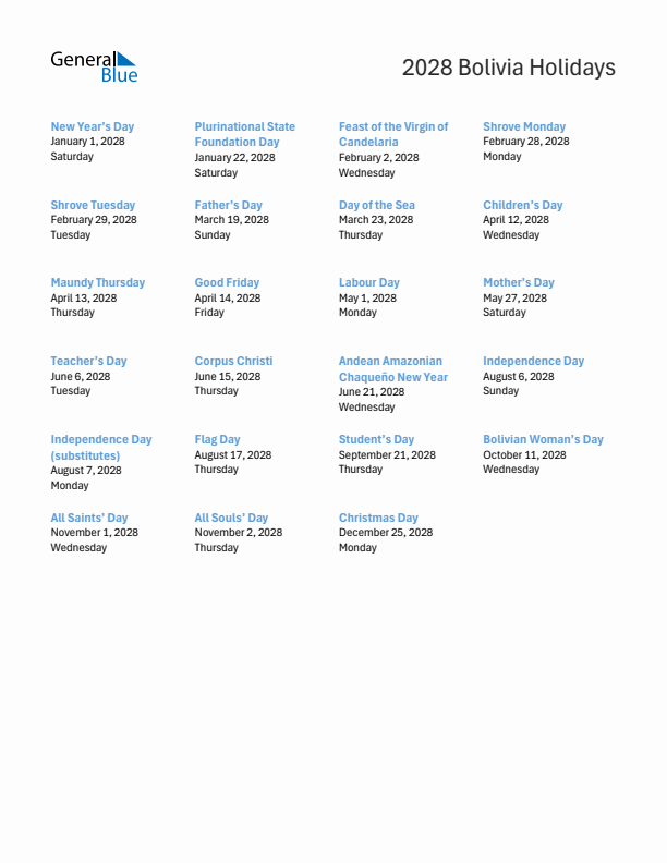 Free printable list of Bolivia holidays for year 2028