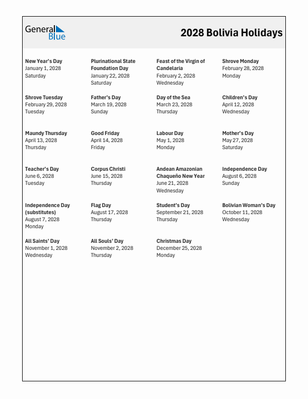 Free printable list of Bolivia holidays for year 2028