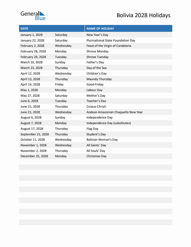 Free printable list of Bolivia holidays for year 2028