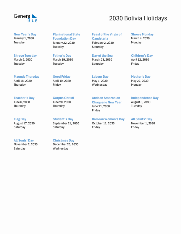 Free printable list of Bolivia holidays for year 2030