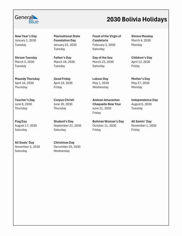 Free printable list of Bolivia holidays for year 2030