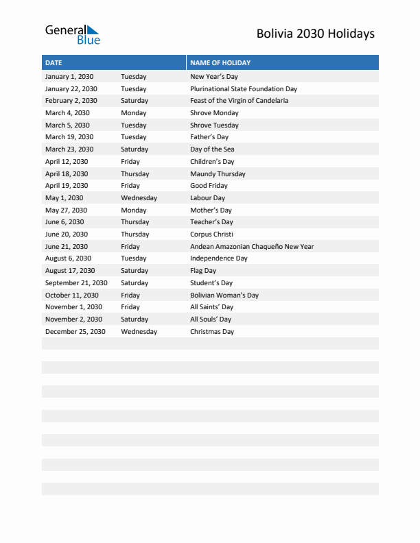 Free printable list of Bolivia holidays for year 2030