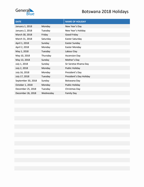 Free printable list of Botswana holidays for year 2018