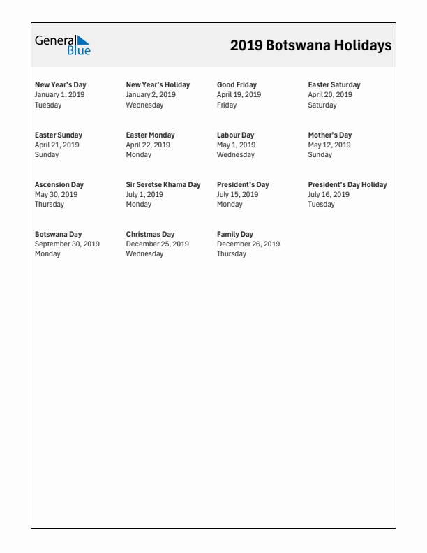 Free printable list of Botswana holidays for year 2019