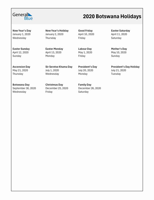 Free printable list of Botswana holidays for year 2020