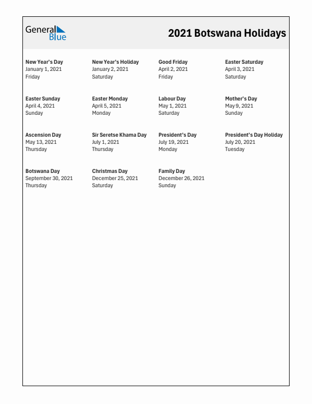 Free printable list of Botswana holidays for year 2021