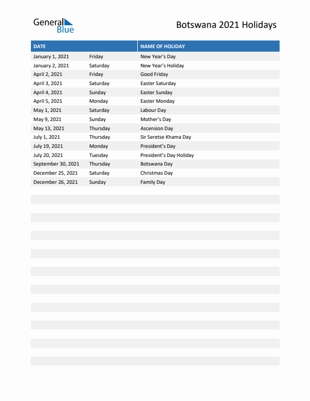 Free printable list of Botswana holidays for year 2021