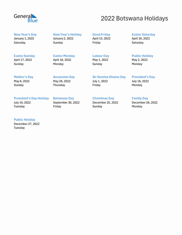 Free printable list of Botswana holidays for year 2022
