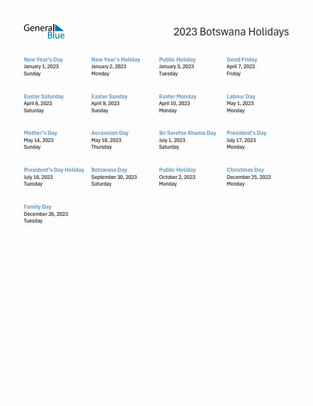 Free printable list of Botswana holidays for year 2023
