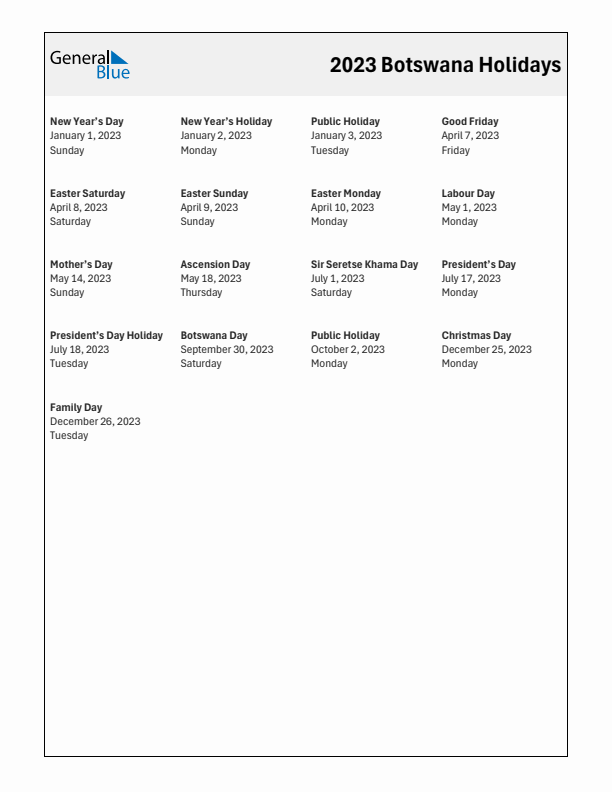 Free printable list of Botswana holidays for year 2023