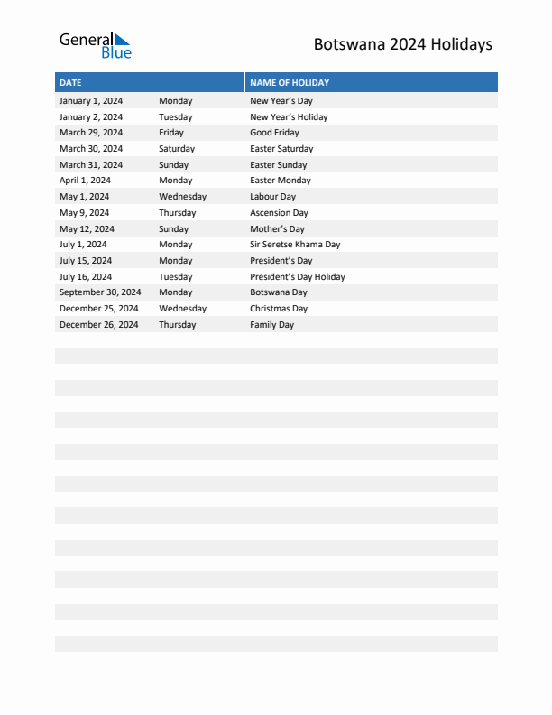 Free printable list of Botswana holidays for year 2024