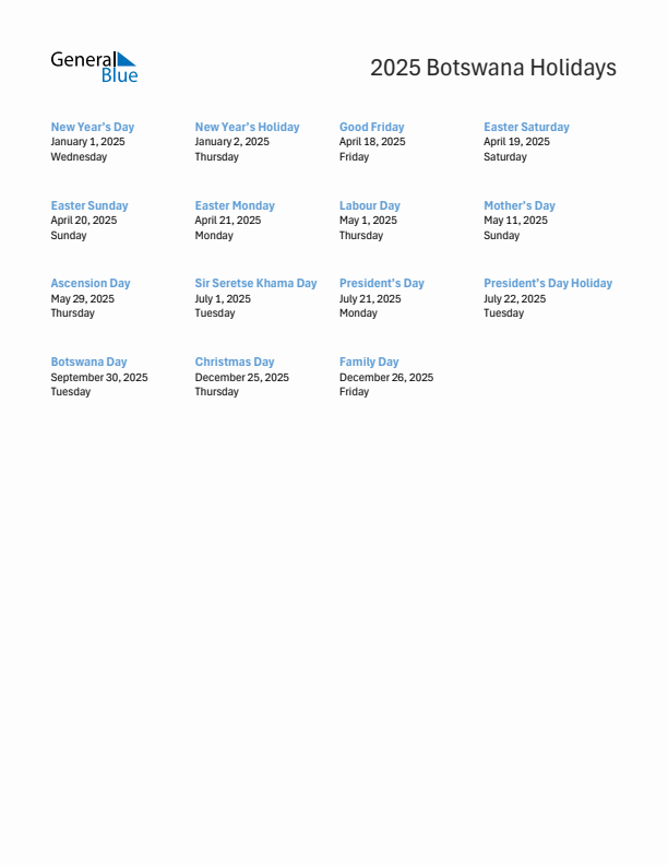 Free printable list of Botswana holidays for year 2025