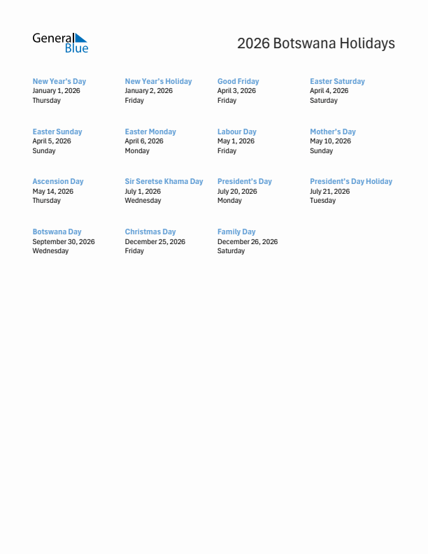 Free printable list of Botswana holidays for year 2026