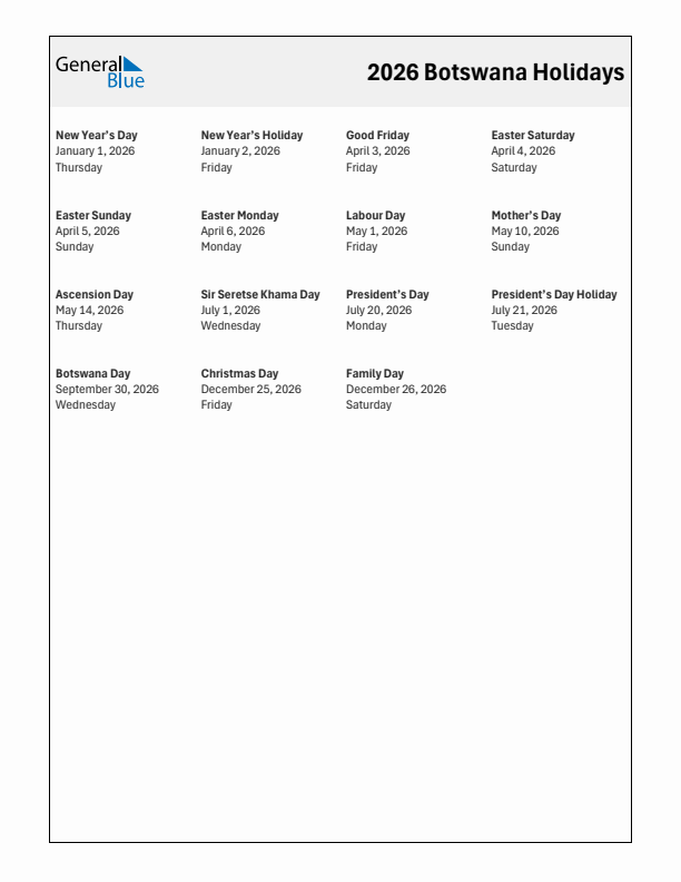 Free printable list of Botswana holidays for year 2026