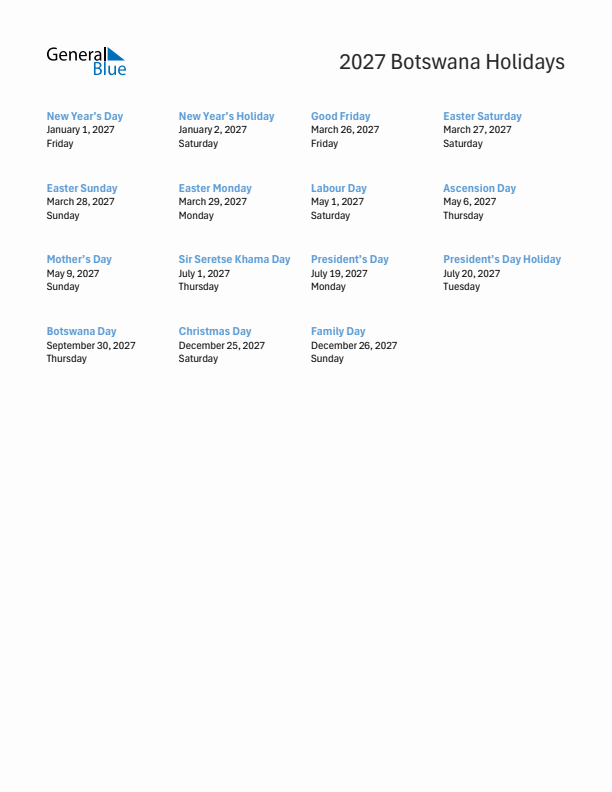 Free printable list of Botswana holidays for year 2027