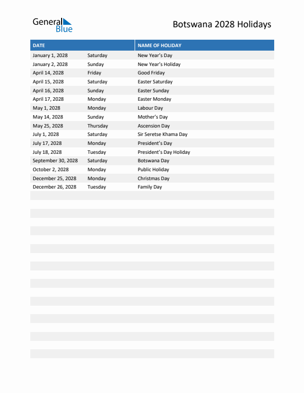 Free printable list of Botswana holidays for year 2028