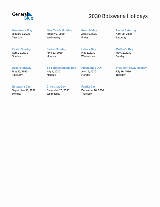 Free printable list of Botswana holidays for year 2030