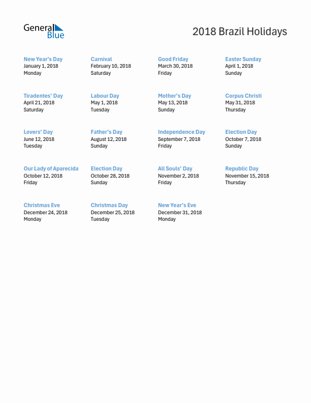 Free printable list of Brazil holidays for year 2018