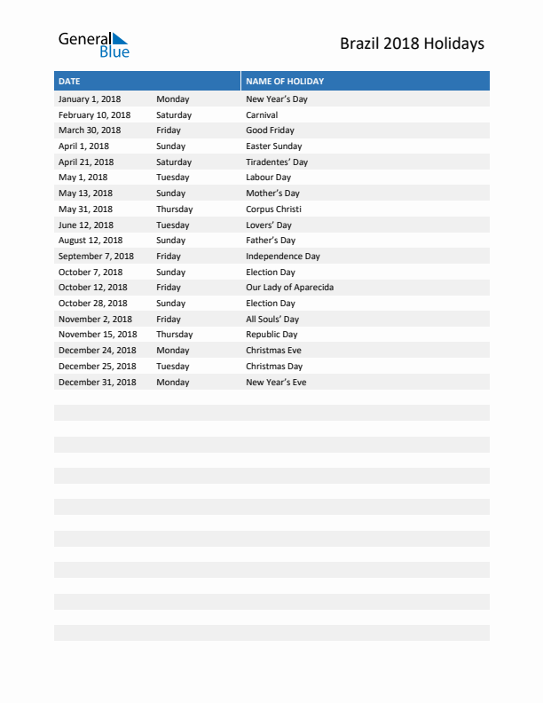 Free printable list of Brazil holidays for year 2018