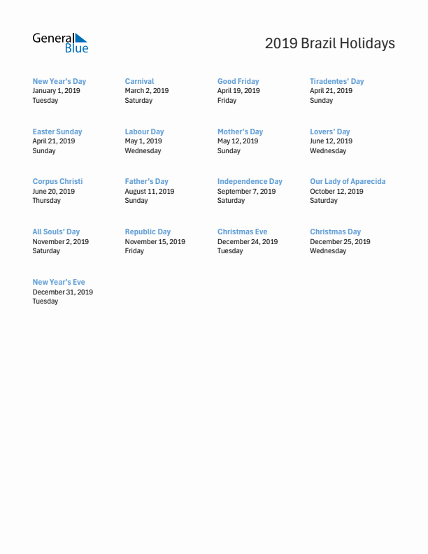 Free printable list of Brazil holidays for year 2019