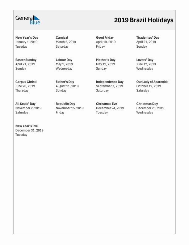 Free printable list of Brazil holidays for year 2019