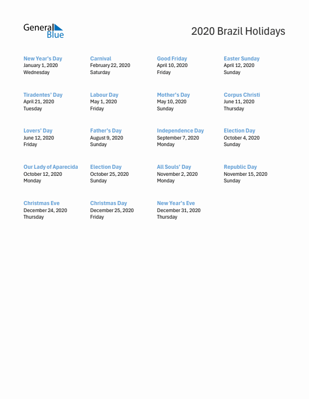 Free printable list of Brazil holidays for year 2020