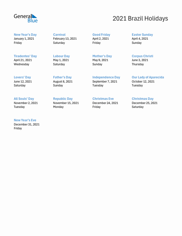 Free printable list of Brazil holidays for year 2021