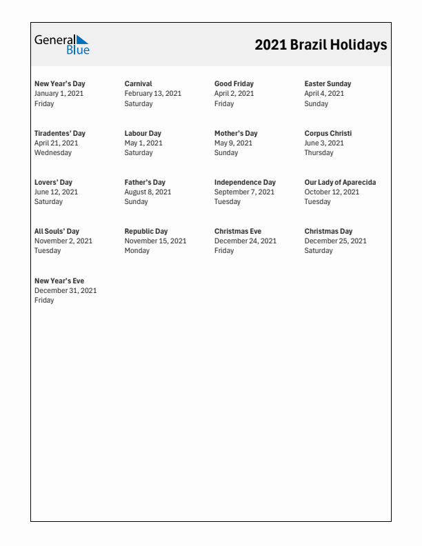 Free printable list of Brazil holidays for year 2021