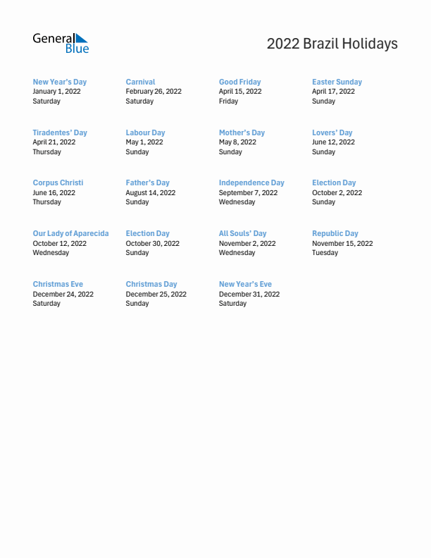 Free printable list of Brazil holidays for year 2022