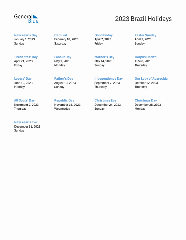 Free printable list of Brazil holidays for year 2023