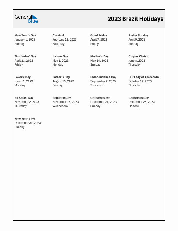 Free printable list of Brazil holidays for year 2023