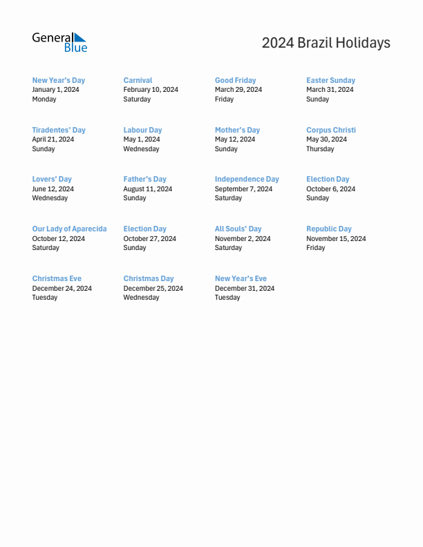 Free printable list of Brazil holidays for year 2024